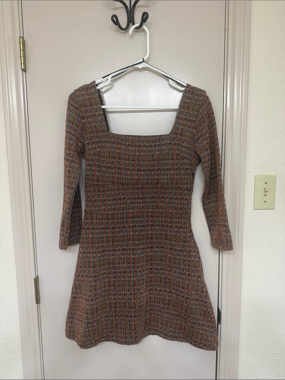 Free People Uptown Girl Mini Dress Brown Multi Woven Square Neck Long Sleeve 4
